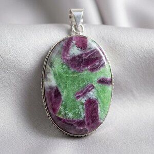 Ruby Zoisite Pendant Large Oval Cabochon Stone Pendant 925 Silver